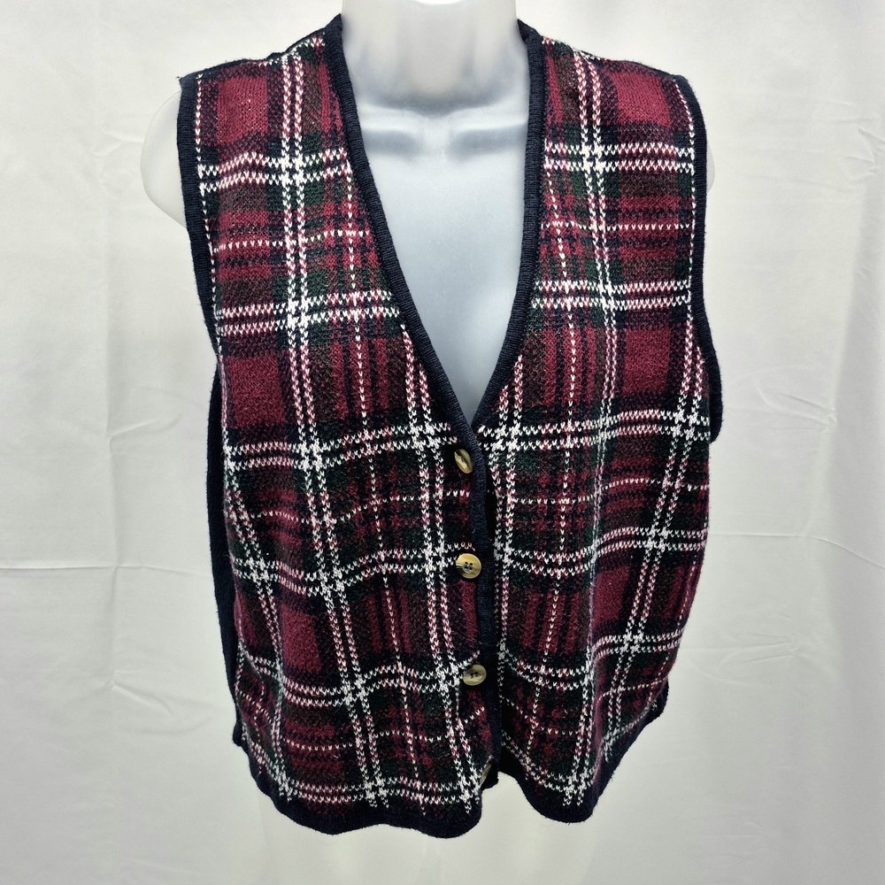 Vintage Jamie Scott Ramie Cotton Knit Blend Plaid Sweater Vest Large Red/Black